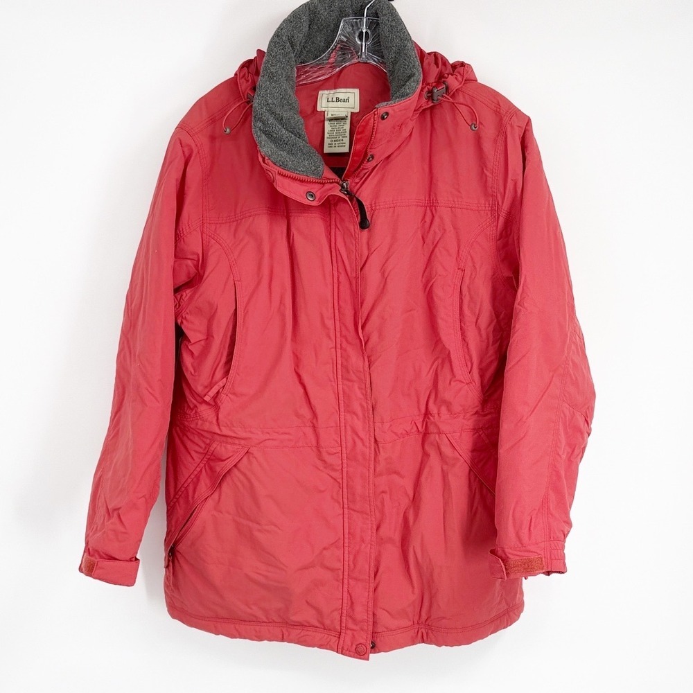 LL Bean Womens Salmon Hooded Winter Parka Jacket Fleece Lined Size Petite Large